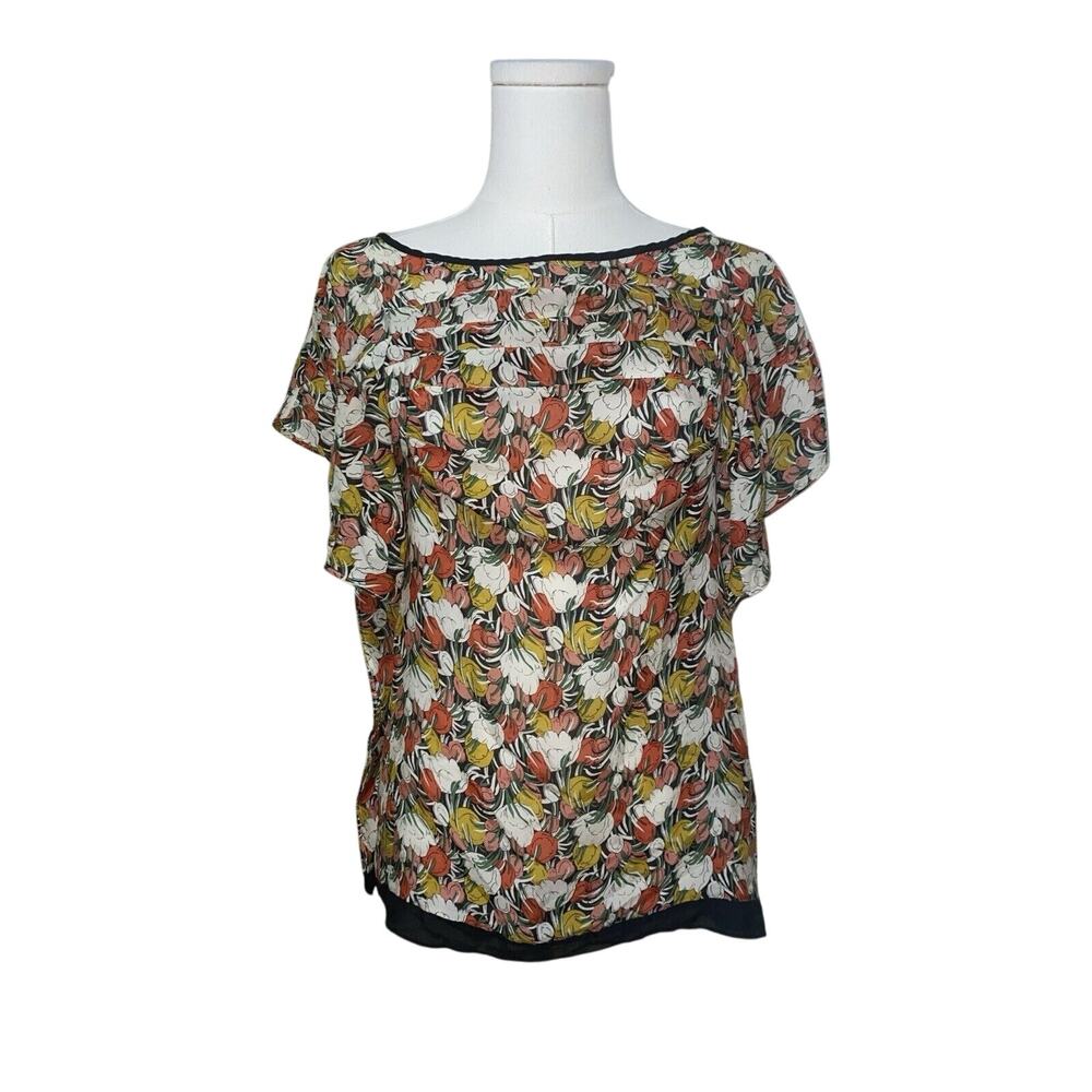 LIL Anthropologie Floral Silk Pleated Blouse Top 2 Short Sleeve Excellent
